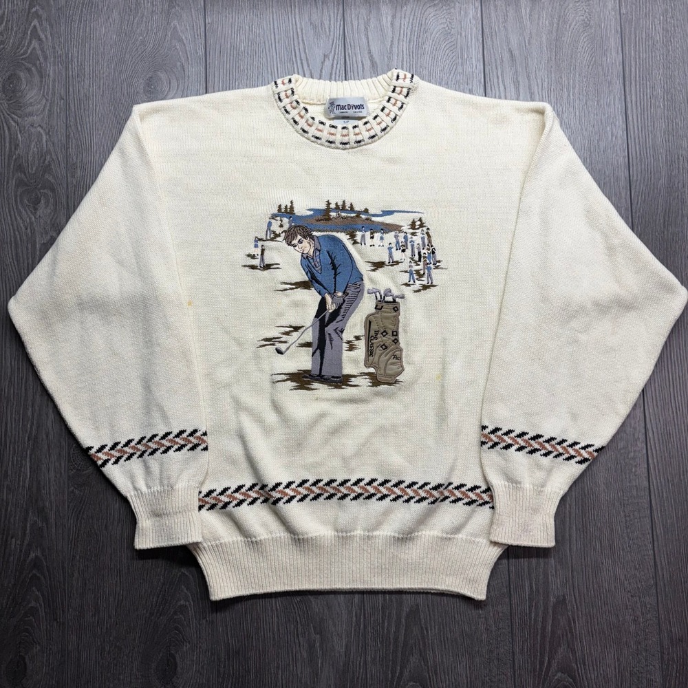 Vintage Mac Divots Golf Scene Sweater Mens Small Cream Cotton Knit Canada Made